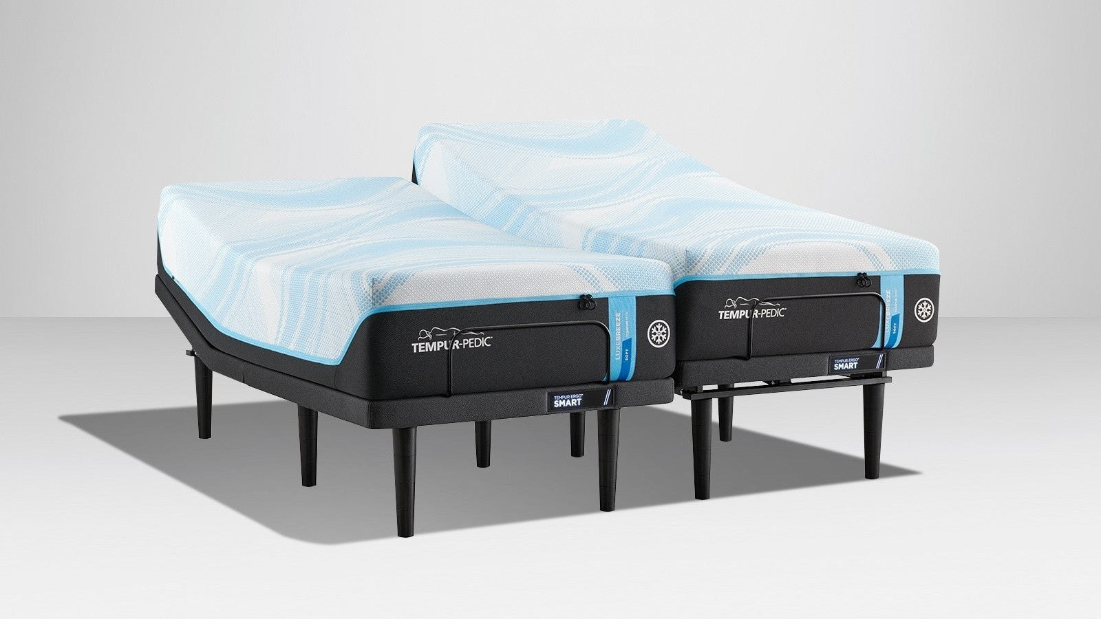 "TEMPUR-LuxeBreeze 2.0 Soft Mattress displayed on an adjustable base for customized sleep positions"