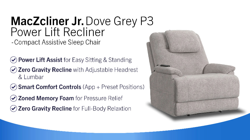 MacZcliner Jr. Dove Grey P3 – Compact Power Lift Recliner | Assistive Sleep Chair