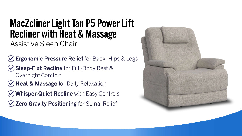 MacZcliner Light Tan P5 – Sillón reclinable eléctrico con función de elevación, calefacción y masaje | Sillón de descanso asistido
