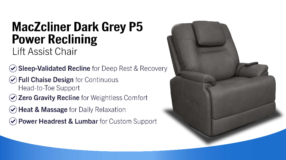 Sillón reclinable MacZcliner Performa en gris oscuro P5 con elevador eléctrico – Sillón reclinable de gravedad cero | Calefacción y masaje