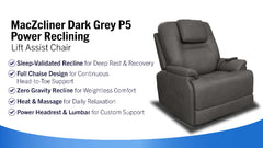 Sillón reclinable MacZcliner Performa en gris oscuro P5 con elevador eléctrico – Sillón reclinable de gravedad cero | Calefacción y masaje