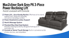 MacZcliner Dark Grey P6 3-Piece Power Reclining Lift Assist Loveseat with Console | Gallery Furniture