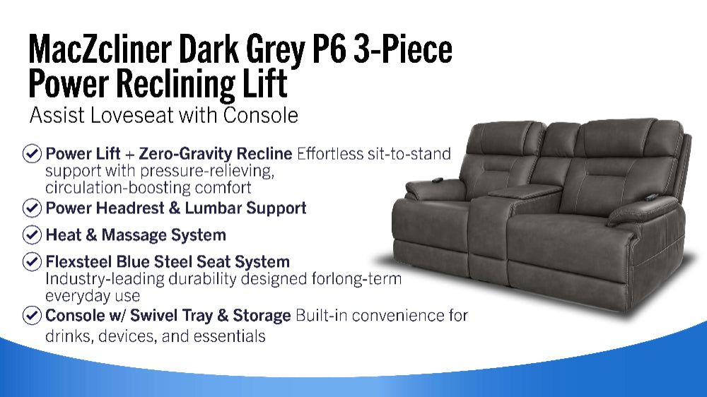 MacZcliner Dark Grey P6 3-Piece Power Reclining Lift Assist Loveseat with Console | Gallery Furniture