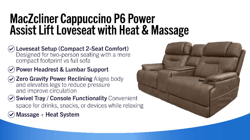 MacZcliner Cappuccino P6 Power Assist Lift Loveseat with Heat & Massage
