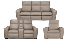 Beige leather sofa set with recliner and loveseat on a white background