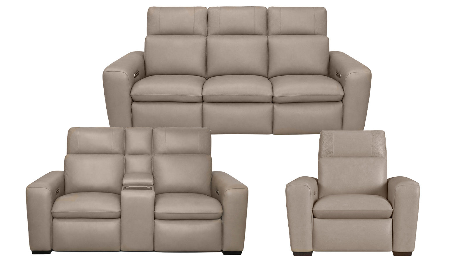 Beige leather sofa set with recliner and loveseat on a white background