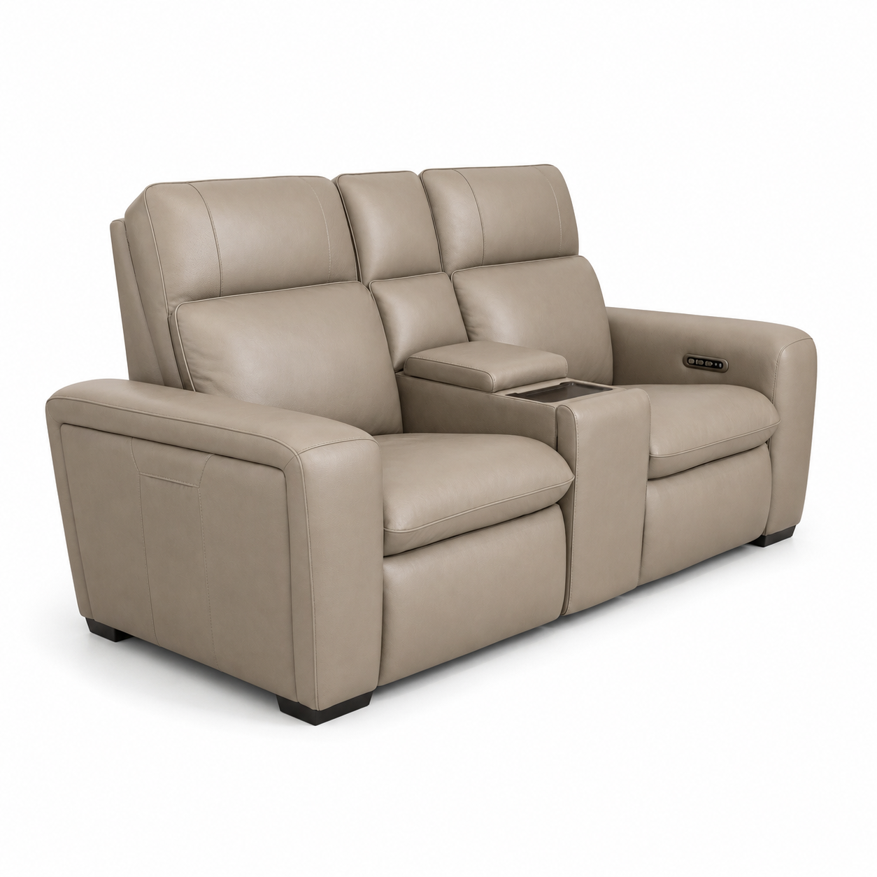 Beige leather recliner sofa with cup holders on a white background