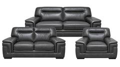 Three-piece black leather sofa set including a three-seater sofa, a two-seater loveseat, and a single armchair, shown against a plain white background.
