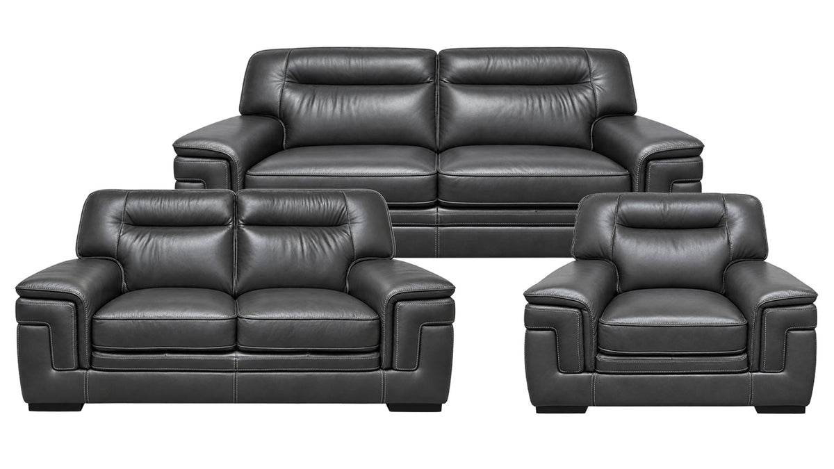 Three-piece black leather sofa set including a three-seater sofa, a two-seater loveseat, and a single armchair, shown against a plain white background.