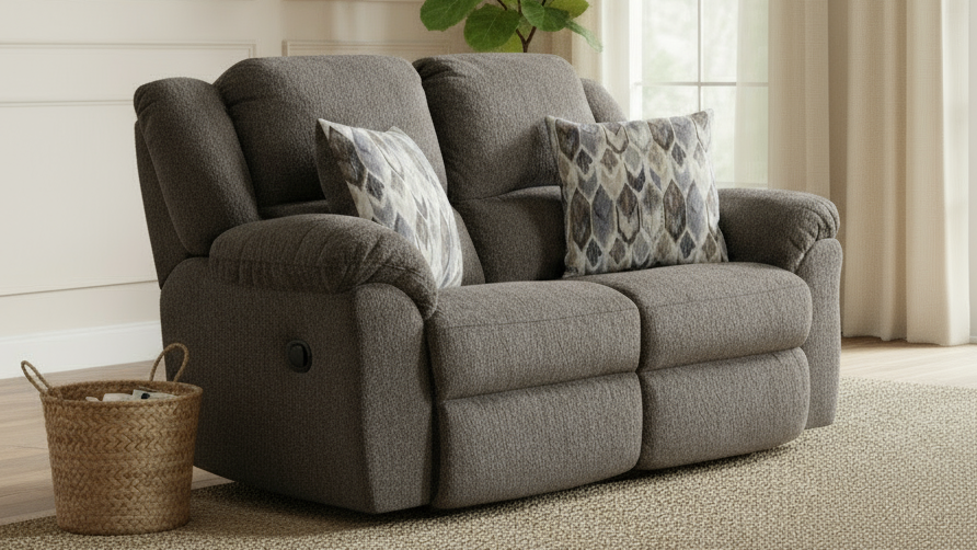 Gray recliner sofa with patterned cushions in a living room setting.