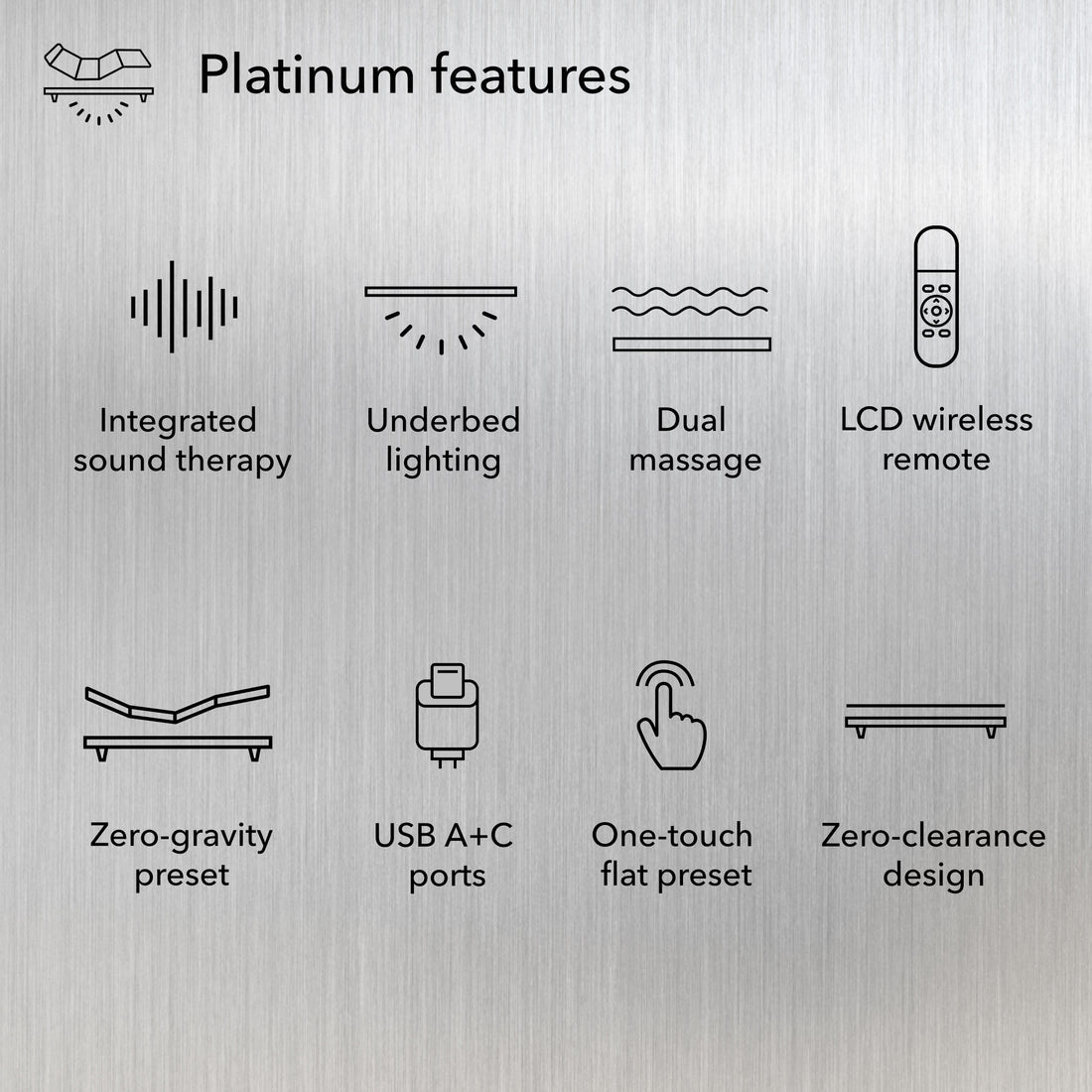 List of platinum features with icons and text on a metallic background
