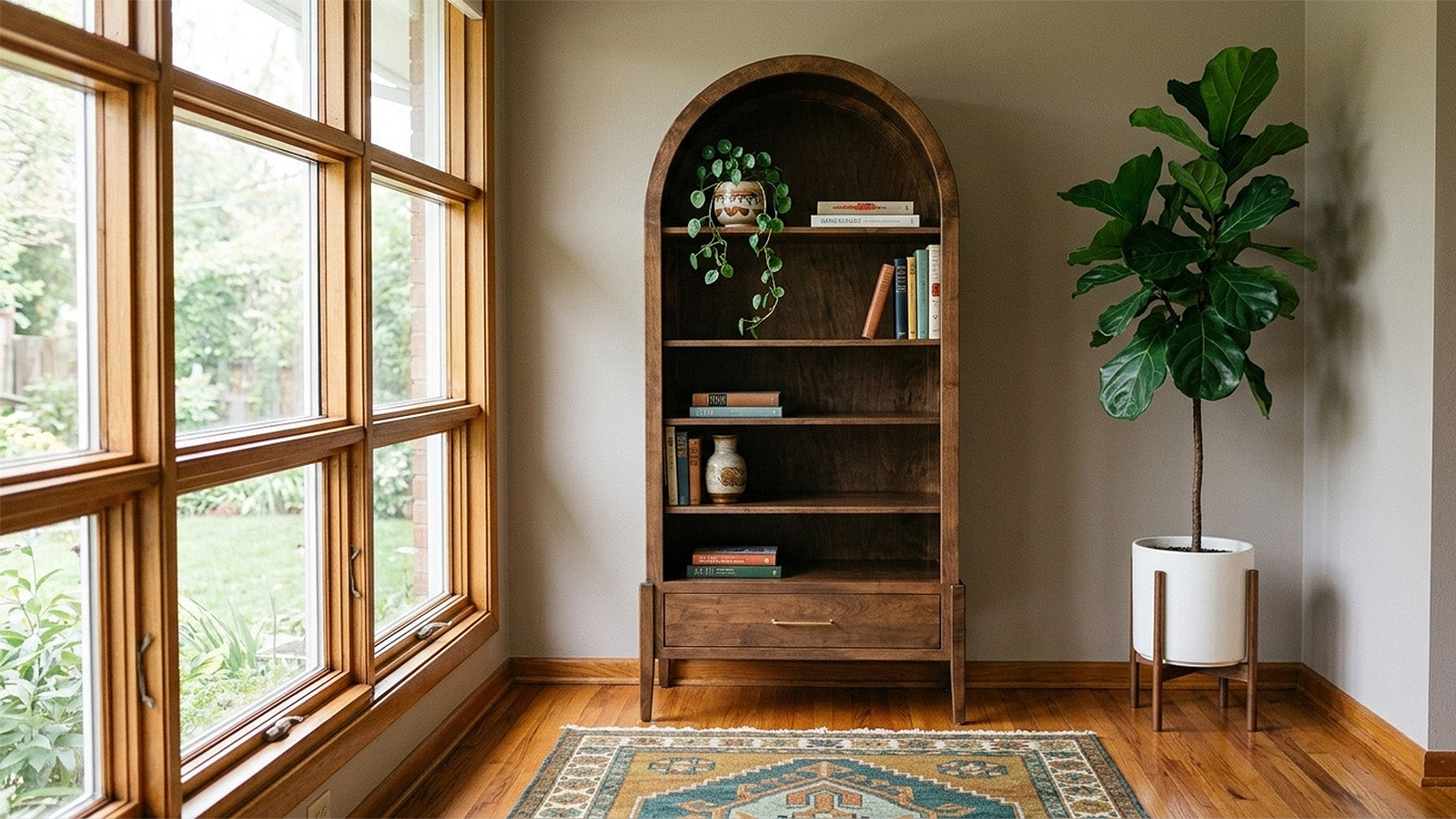 Una estantería alta y rústica de madera, con la parte superior arqueada y cinco estantes, se encuentra en una habitación luminosa, junto a un gran ventanal y al lado de una higuera de hoja de violín en maceta.