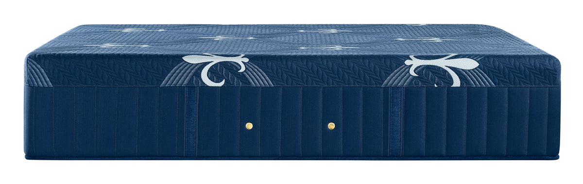 A dark blue quilted mattress shown from a side angle against a white background, featuring decorative white wing-like patterns and two small gold buttons on the side.
