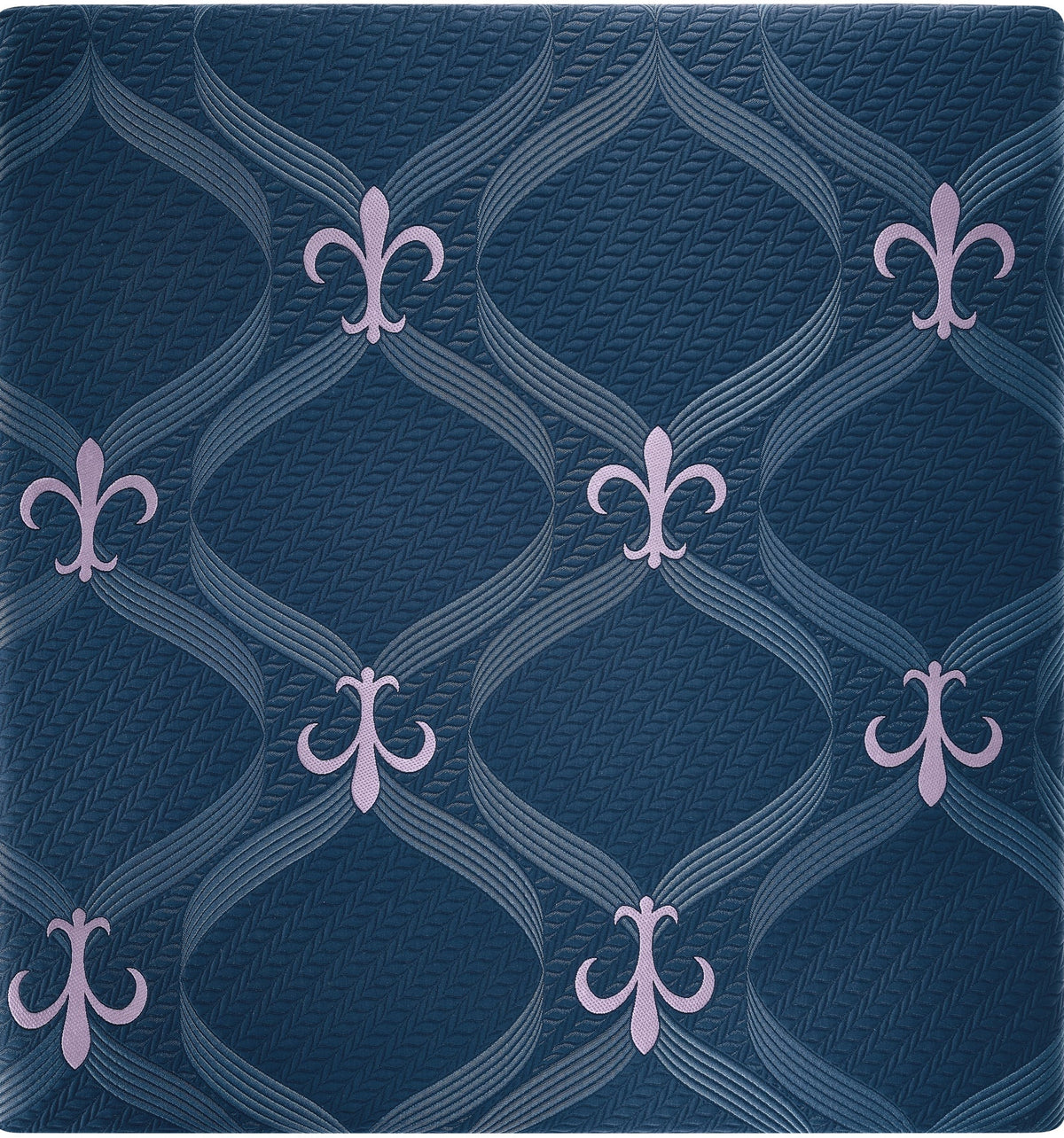 A square sample of patterned wallpaper or fabric featuring a repeating geometric design with pale lavender fleur-de-lis motifs over a textured dark blue background.
