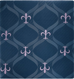 A square sample of patterned wallpaper or fabric featuring a repeating geometric design with pale lavender fleur-de-lis motifs over a textured dark blue background.