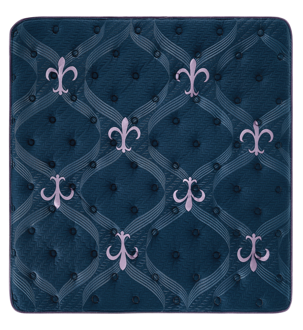 A square mattress or mattress topper shown from above on a plain white background. The surface is dark blue with a quilted tufted pattern, wavy geometric lines, and repeated pale lavender fleur-de-lis motifs.