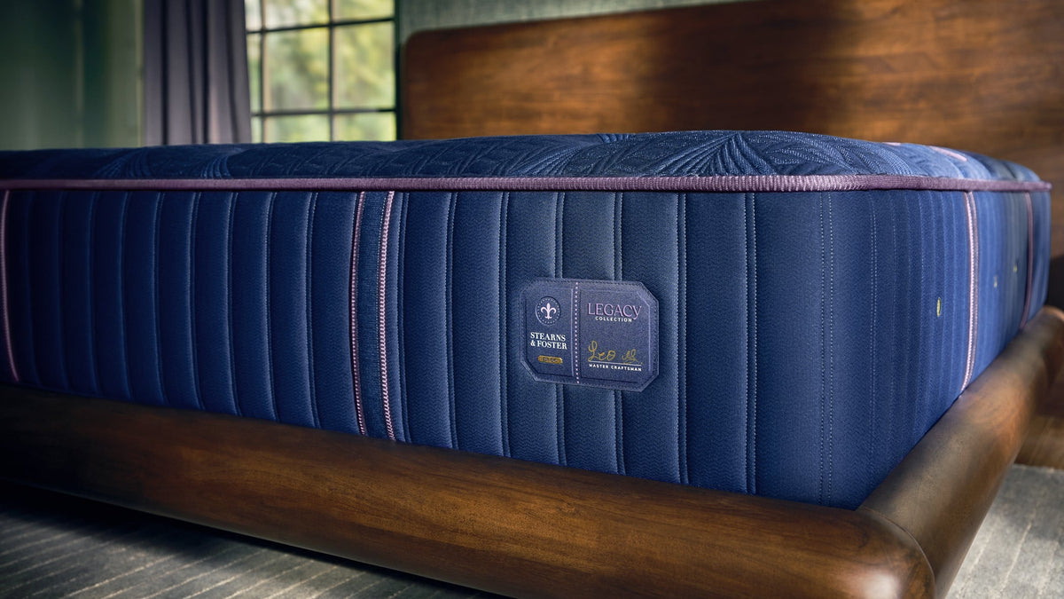 A luxury mattress on a wooden bed frame in a styled bedroom setting. The mattress is deep blue with purple piping and a visible brand label that reads 'VIONIC' and 'STANDARD PLUS'.
