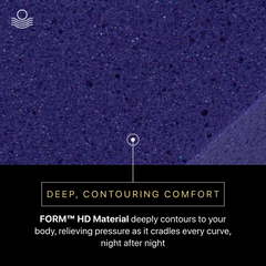 Text on a textured purple background describing 'DEEP, CONTOURING COMFORT' with 'FORM™ HD Material' branding.