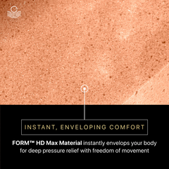 Text about FORM HD Max Material with a close-up of skin texture.