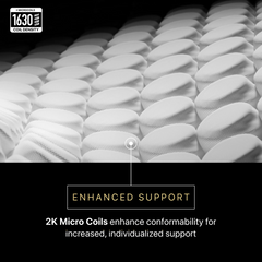Close-up of mattress coils with text highlighting enhanced support and micro coil density.