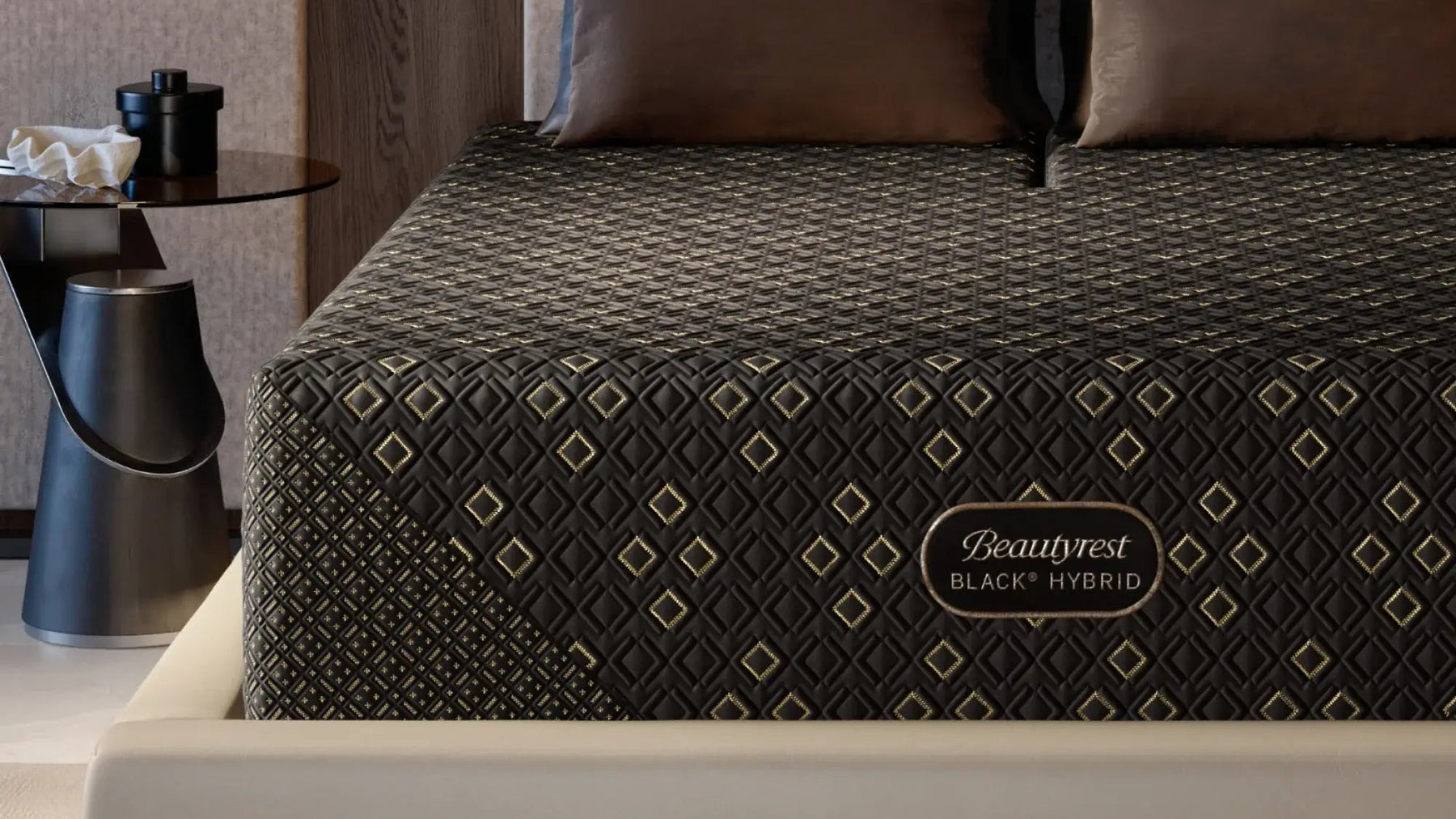 Beautynest mattress with decorative cover on a bed in a modern bedroom setting.
