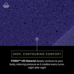 Text on a textured purple background describing 'DEEP, CONTOURING COMFORT' with 'FORM™ HD Material' branding.