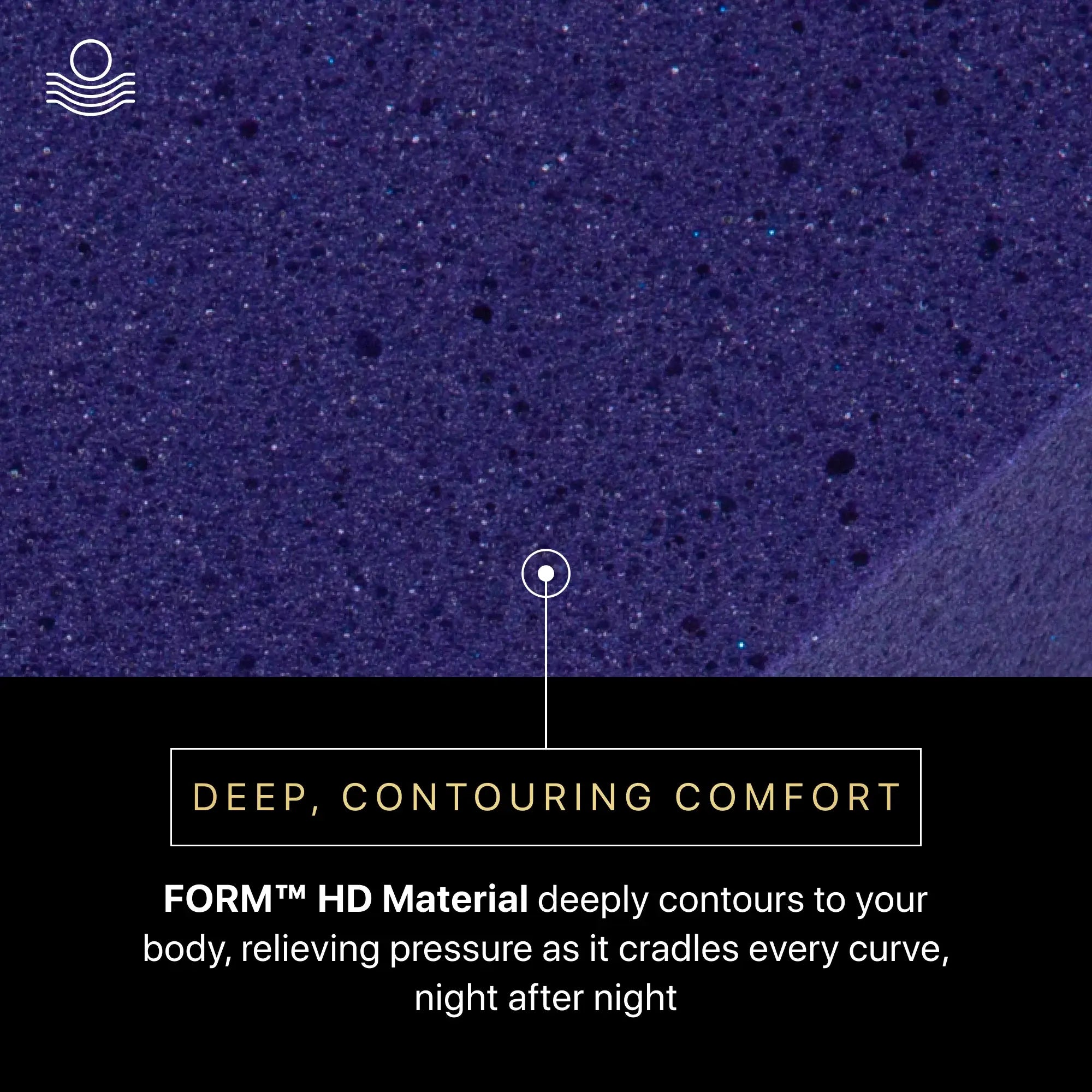 Text on a textured purple background describing 'DEEP, CONTOURING COMFORT' with 'FORM™ HD Material' branding.
