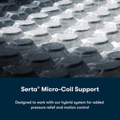 Close-up of Serta Micro-Coil Support with text about hybrid system benefits