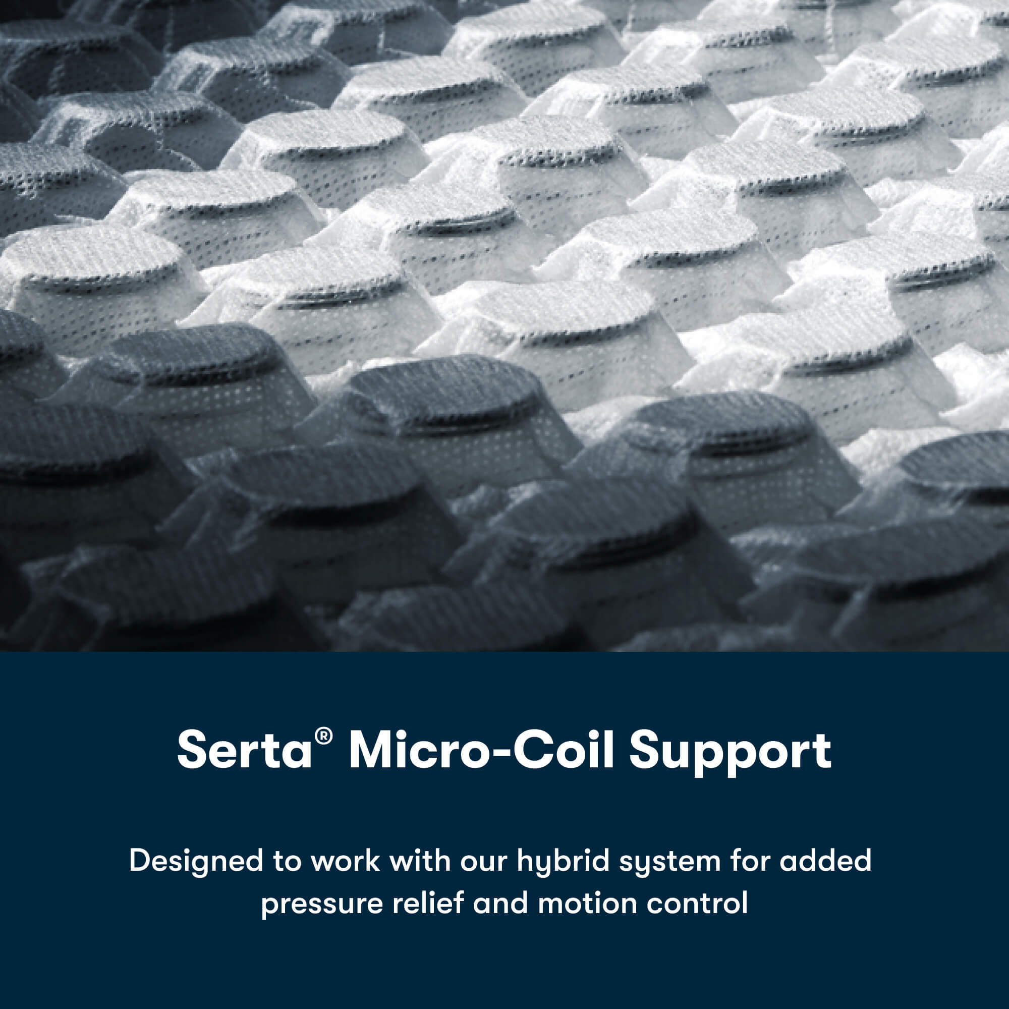 Close-up of Serta Micro-Coil Support with text about hybrid system benefits