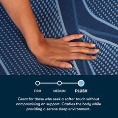 Hand on a textured blue surface with text describing comfort levels.