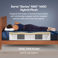 Serta iSeries NXG 4500 Hybrid Plush mattress with a person lying on it, showing its layers.
