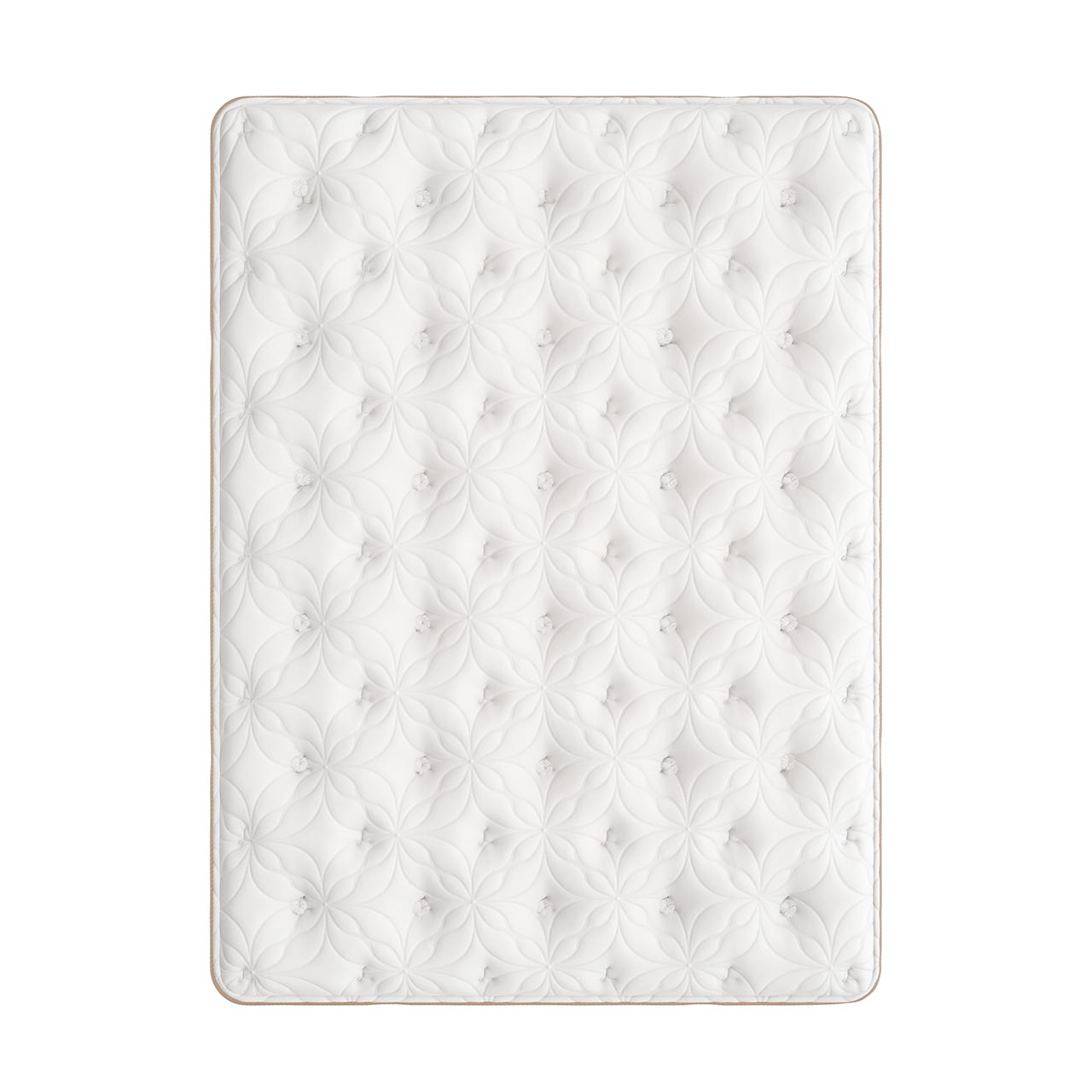 A white tufted mattress or mattress topper shown from above on a plain white background, with a repeating floral quilted pattern and a thin beige edge.