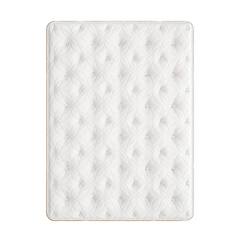 A white tufted mattress or mattress topper shown from above on a plain white background, with a repeating floral quilted pattern and a thin beige edge.