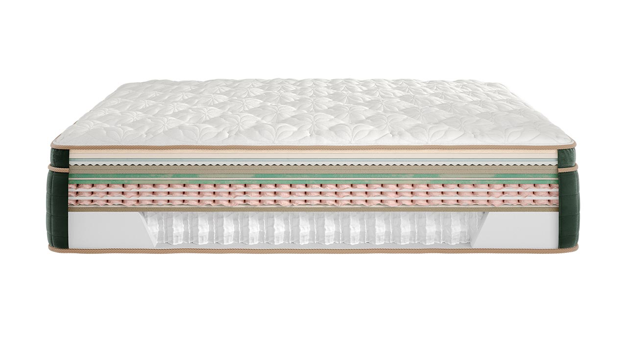 A luxury mattress shown from a side profile view, featuring a quilted white top surface, a multi-layered construction with pink and green accents, and a clear spring system on a solid white background.