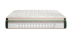 A luxury mattress shown from a side profile view on a solid white background, highlighting its quilted white top, layered green and beige inner layers, and clear spring support system.