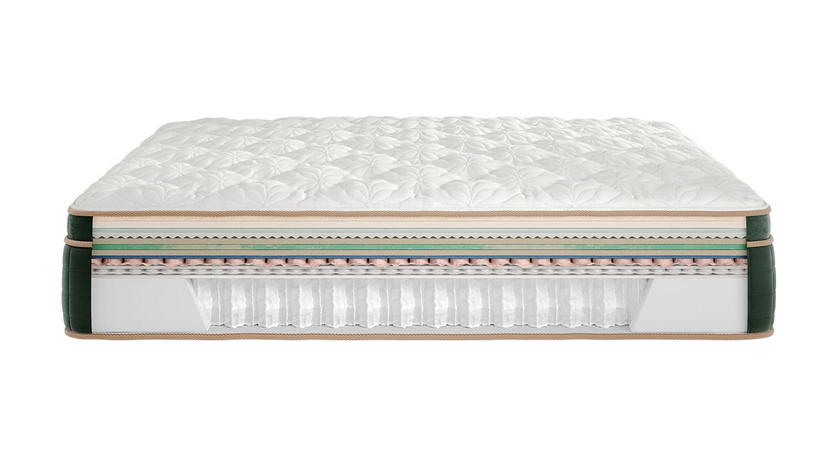 A luxury mattress shown from a side profile view on a solid white background, highlighting its quilted white top, layered green and beige inner layers, and clear spring support system.