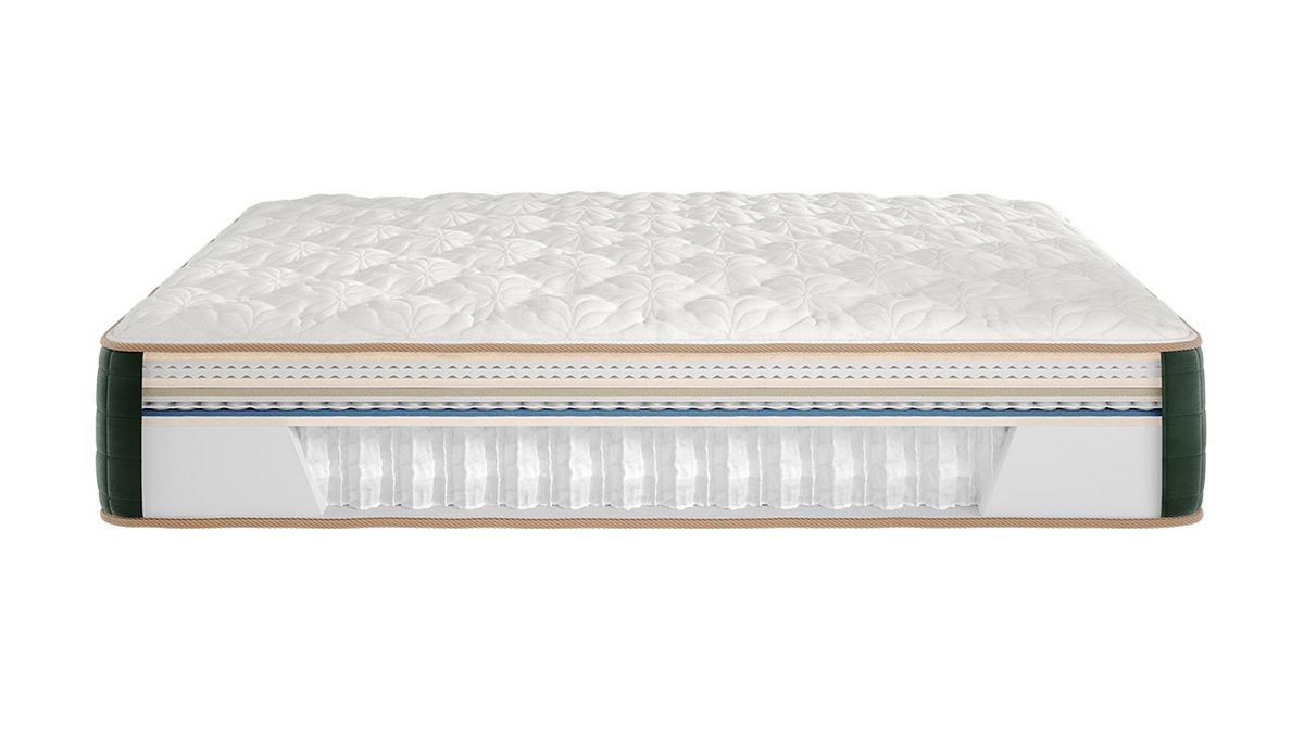 A luxury mattress shown from a side angle, featuring a quilted white top, a multi-layered internal support system with clear gel-like cylinders, and dark green side bolsters, isolated on a white background.