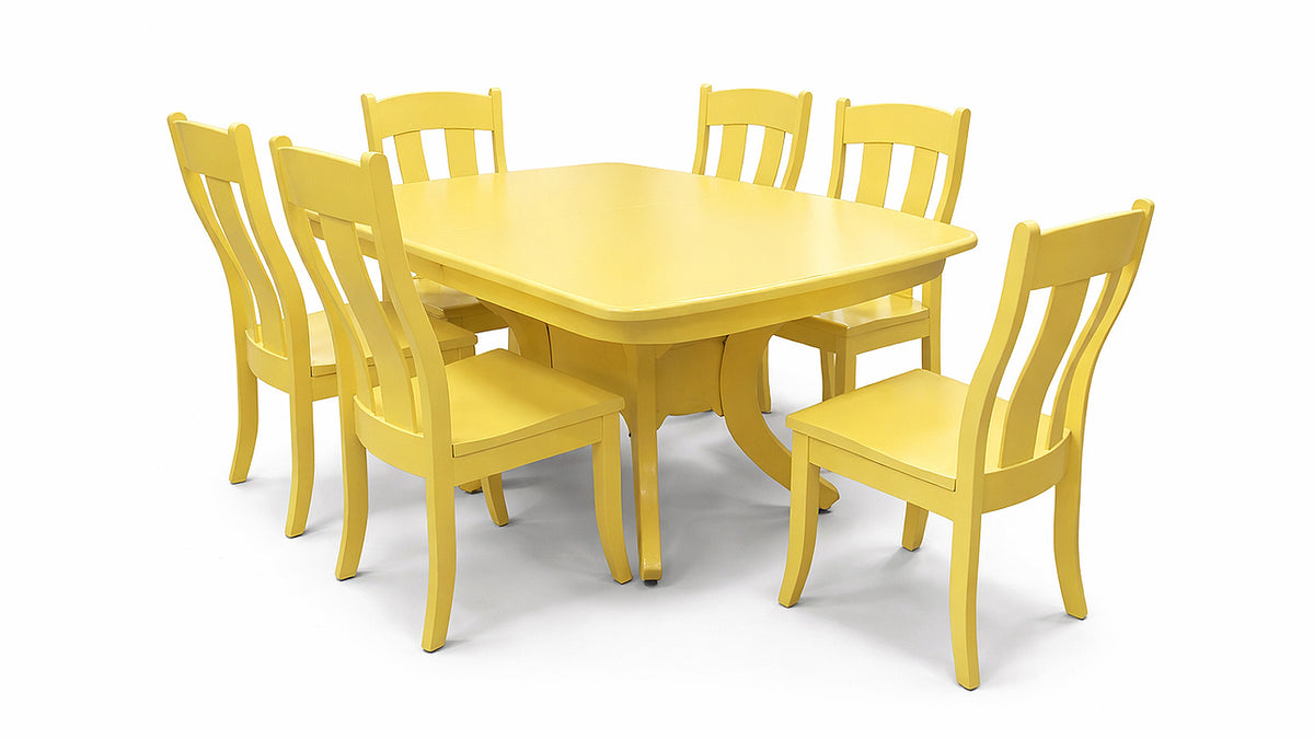 Yellow dining table set with six chairs on a white background
