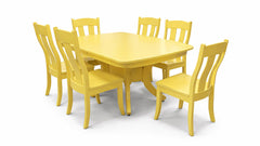 Yellow dining table set with six chairs on a white background