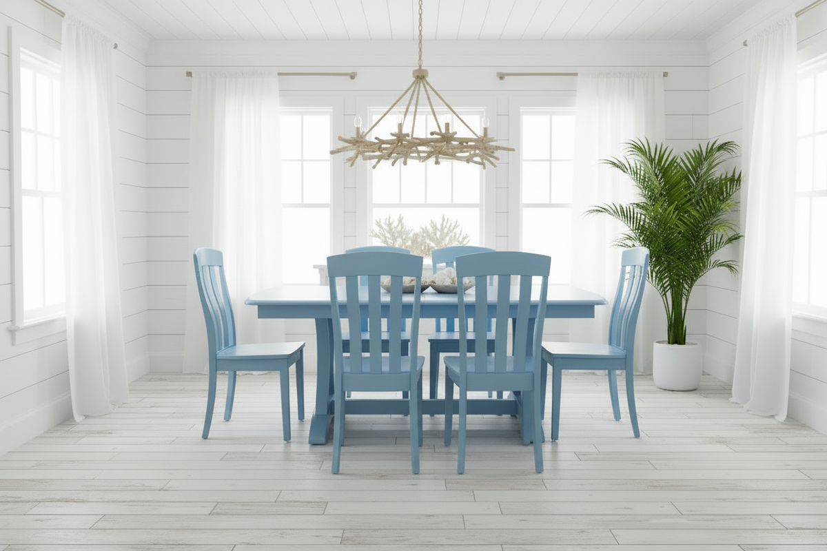 Dining room with a blue table and chairs in a bright, white room.