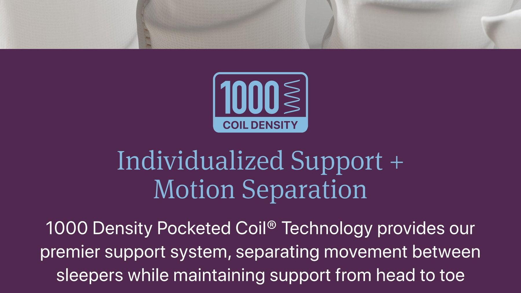 White pillows with a purple banner featuring 1000 coil density text and description.