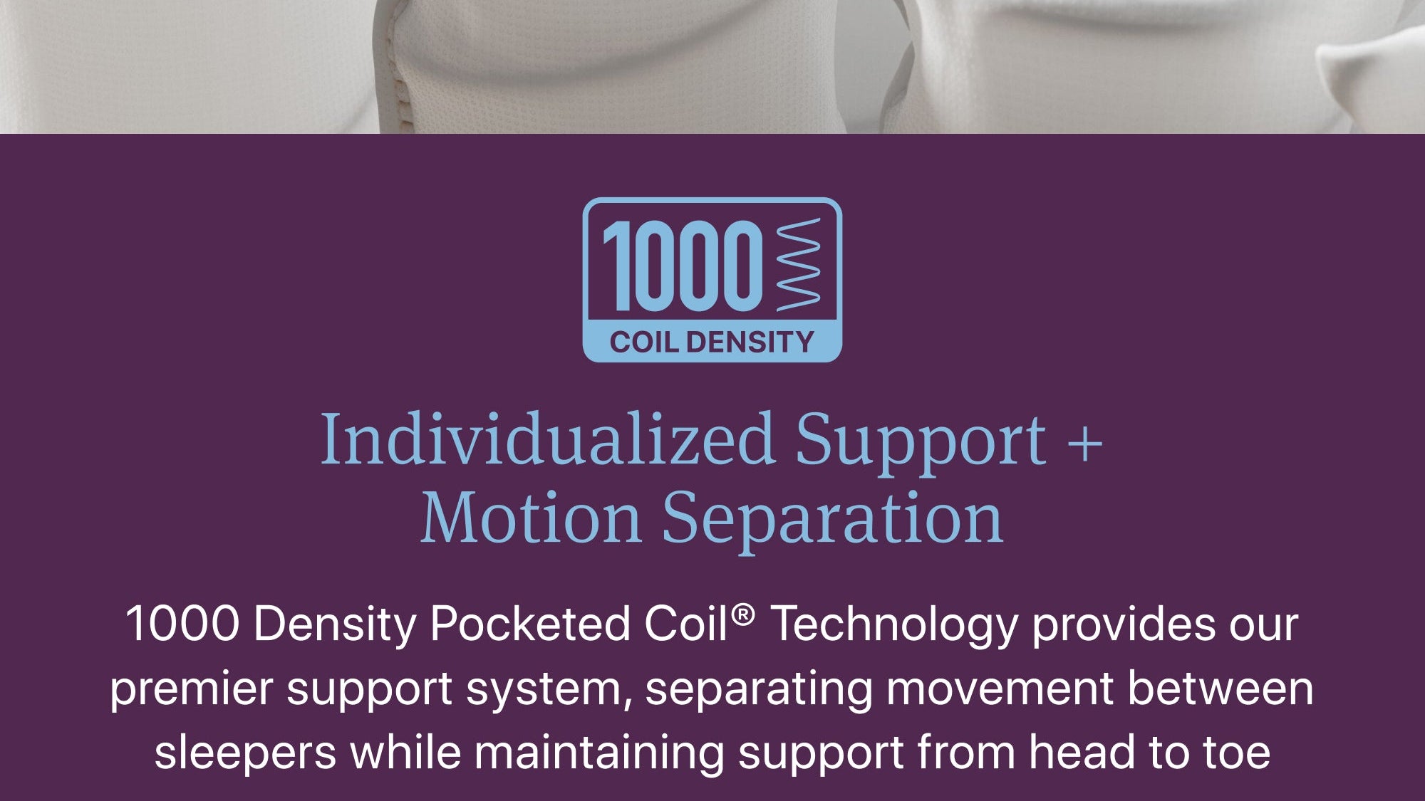 White pillows with a purple banner featuring 1000 coil density text and description.