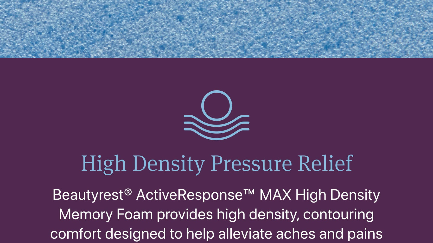 Text about High Density Pressure Relief memory foam with a blue foam texture background
