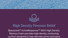 Text about High Density Pressure Relief memory foam with a blue foam texture background