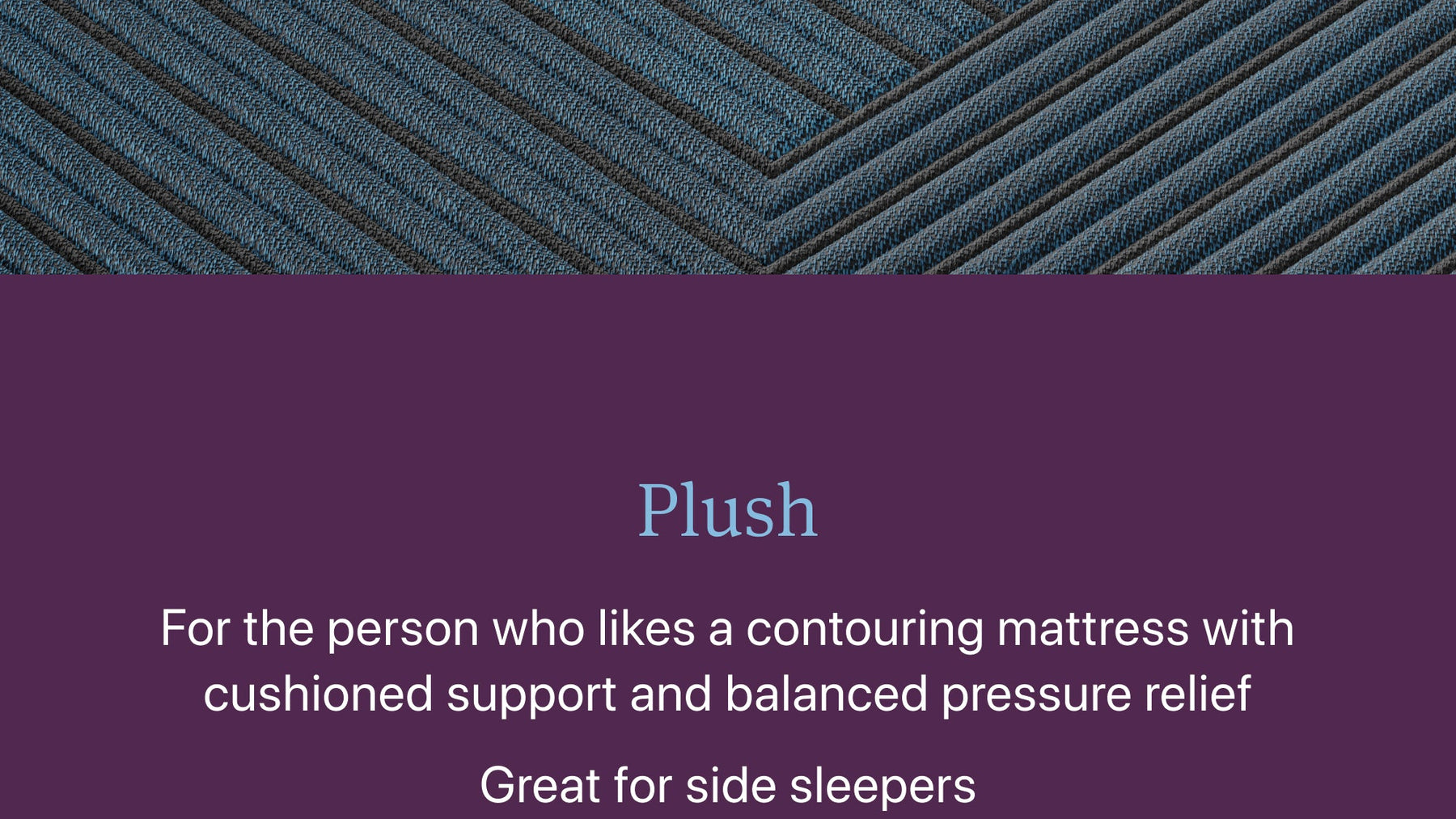 Text description of a plush mattress with purple accent on a textured surface