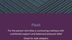 Text description of a plush mattress with purple accent on a textured surface