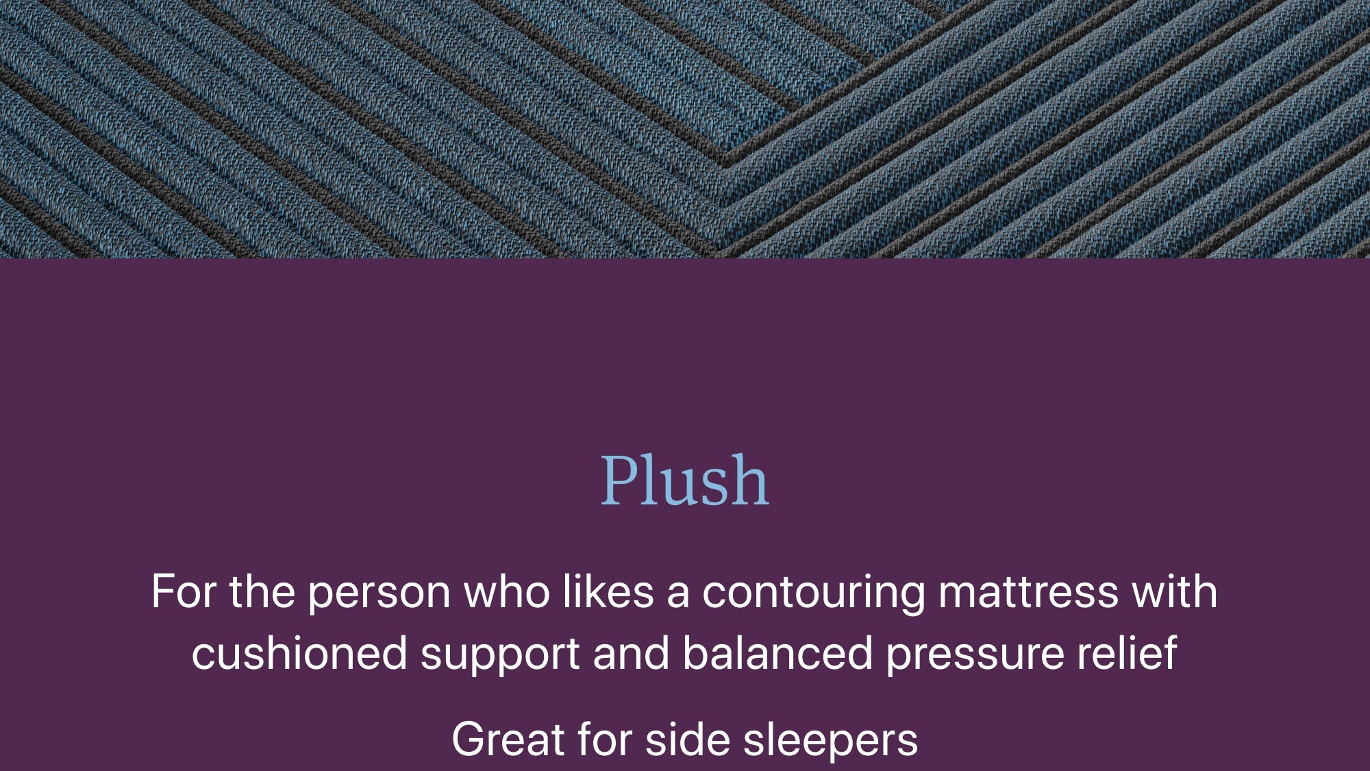 Text description of a plush mattress with purple accent on a textured surface