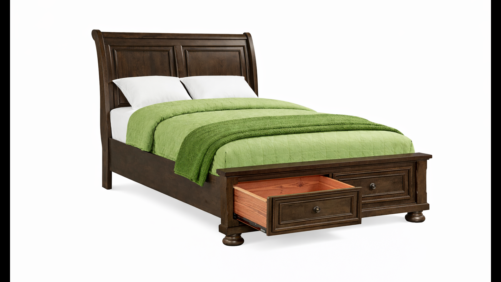 Wooden bed with green bedding and open drawer on a white background