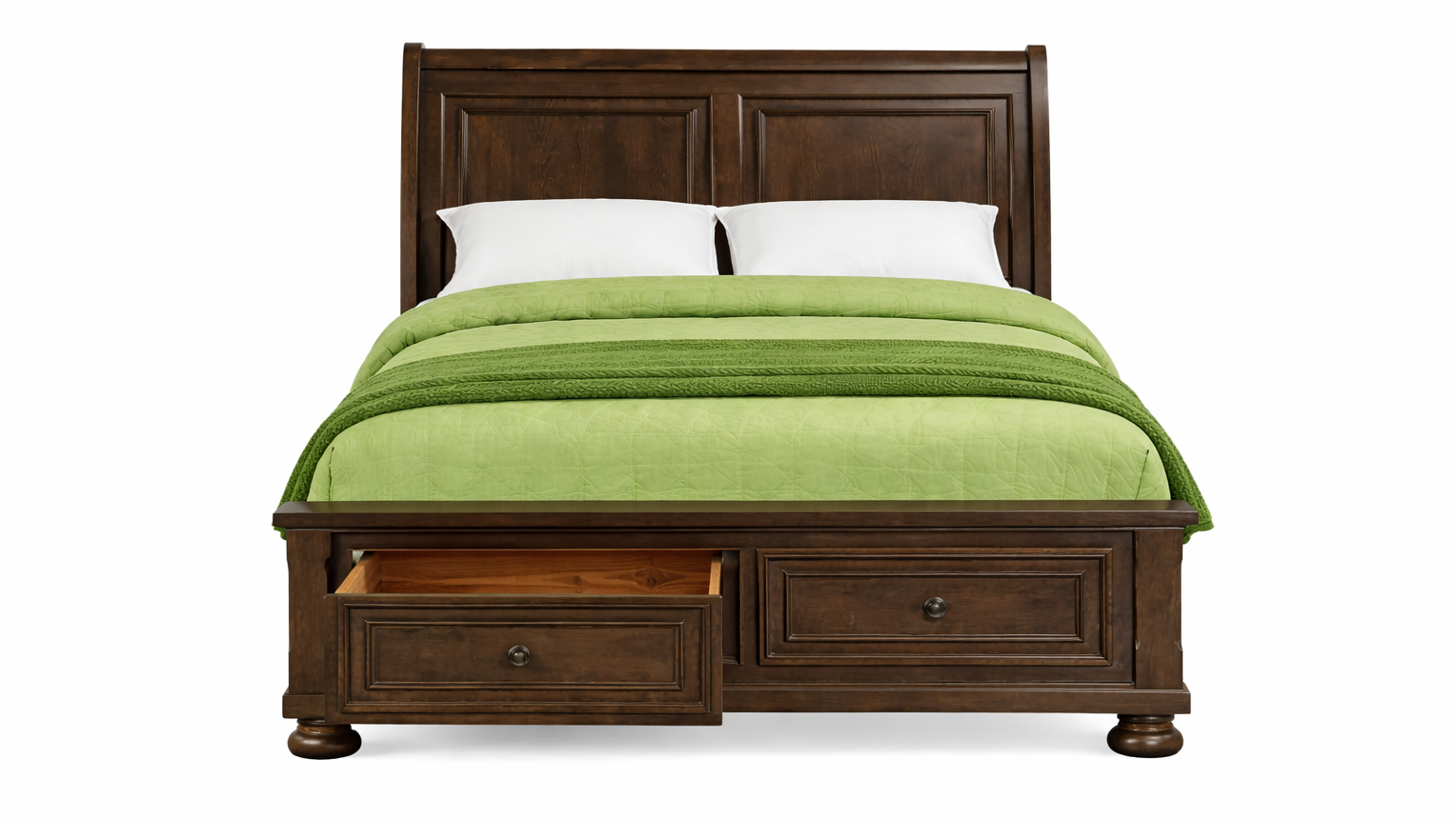 Wooden bed with green bedding and storage drawers on a white background