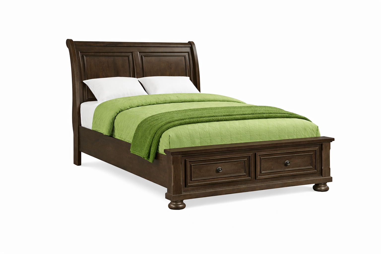 Wooden bed with green bedding on a white background